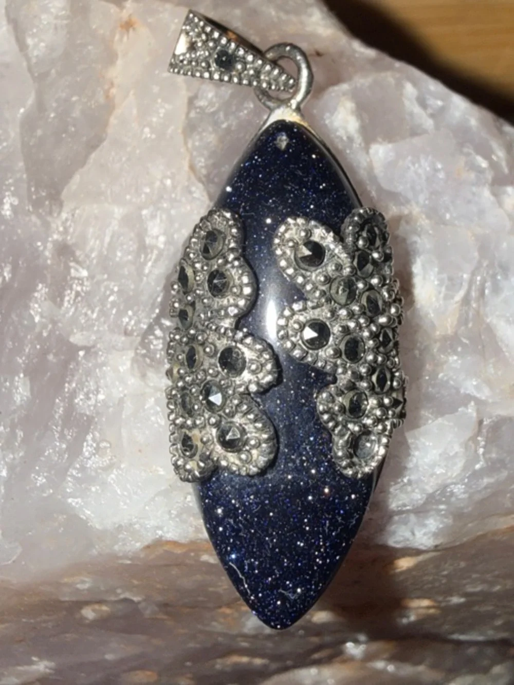 Vintage Sterling Silver Marcasite Blue Goldstone Pendant